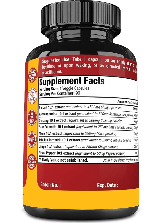 Papnami Shilajit Extract Capsules equivalent to 6550mg And Ashwagandha, Ginseng, Saw Palmetto, Maca, Tribulus, Chaga, Pepper, Trace Minerals Fulvic Acid, Immune Support, Brain Boost Supplement, 90 Capsules - Image 2